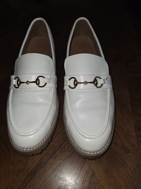 Classic White Leather Women's Loafers with Gold Hardware